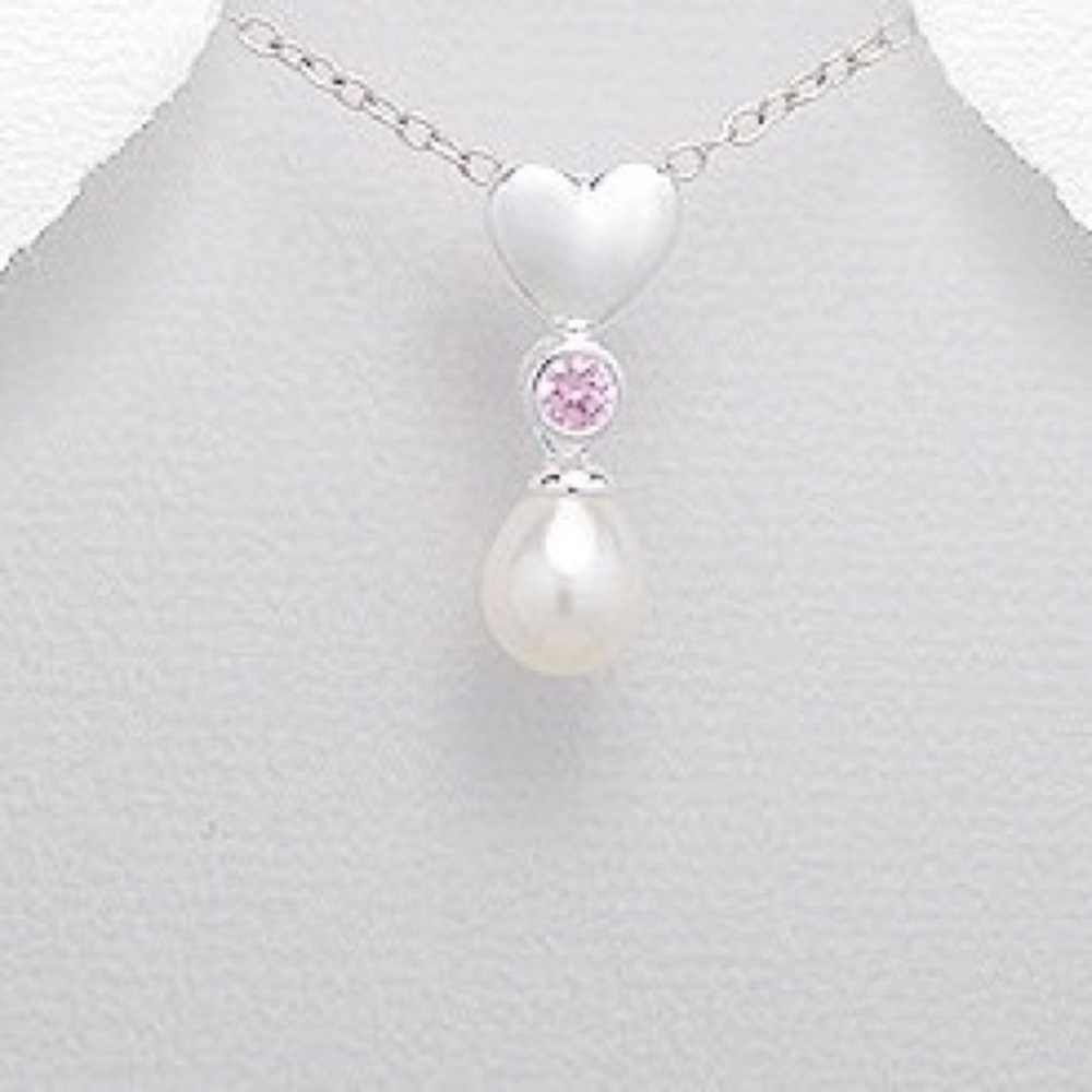 005A 🆕 925 Silver Pearl Necklace with Pink CZ